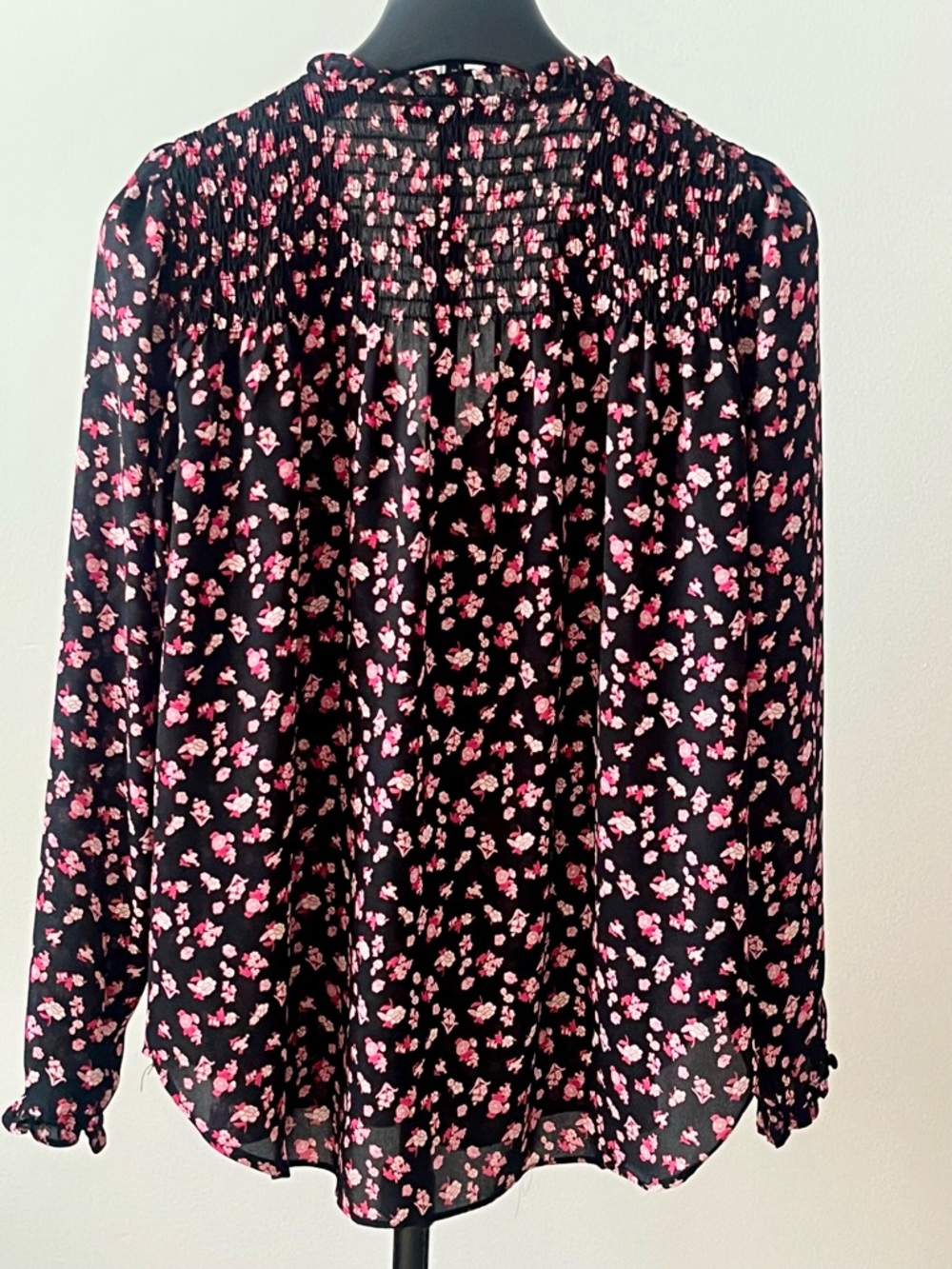 Rose & Olive Floral Smocked Peasant Blouse Cottagecore Boho Black Pink - Picture 3 of 14